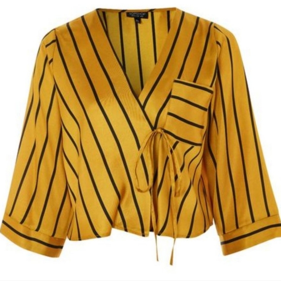 Topshop Gold & Black Stripe Cropped Wrap Blouse - Picture 3 of 3